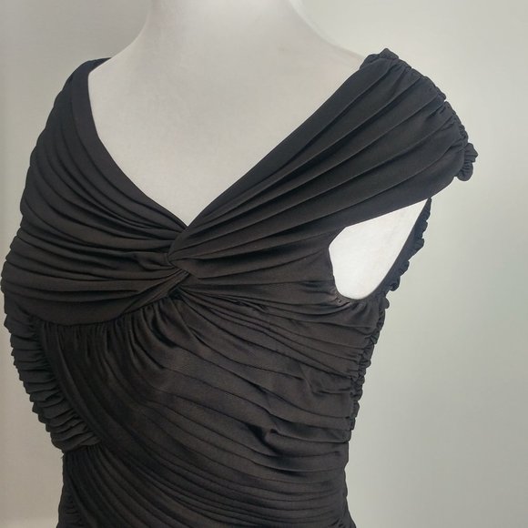 Classy Fitted Formal Black Top All Over Pleated Design Asymmetrical Neckline 8 - Picture 5 of 10